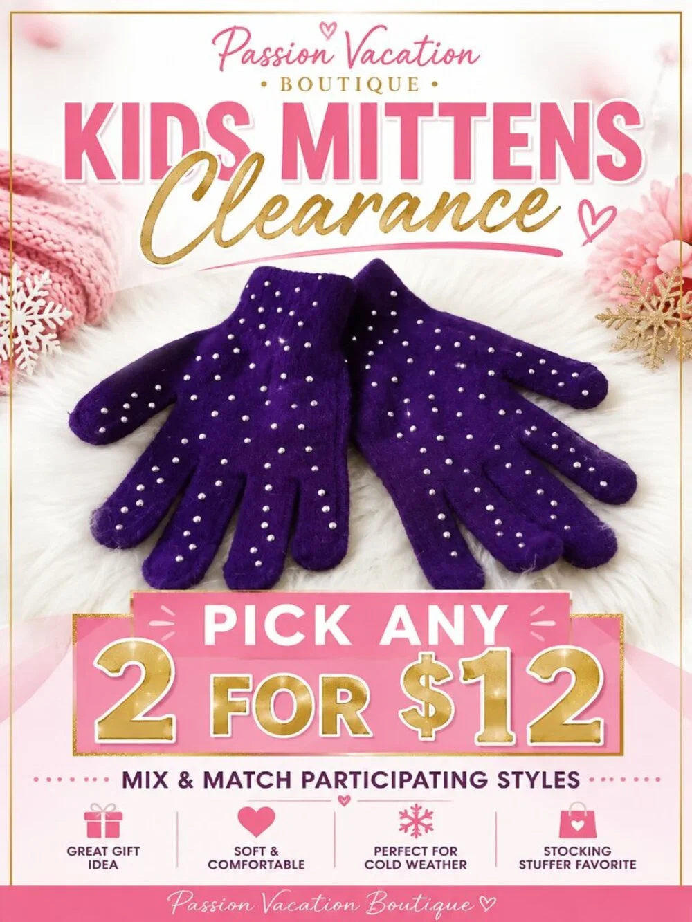 2/$12 Girls Purple Rhinestone Knit Mittens | Kids Winter Gloves
